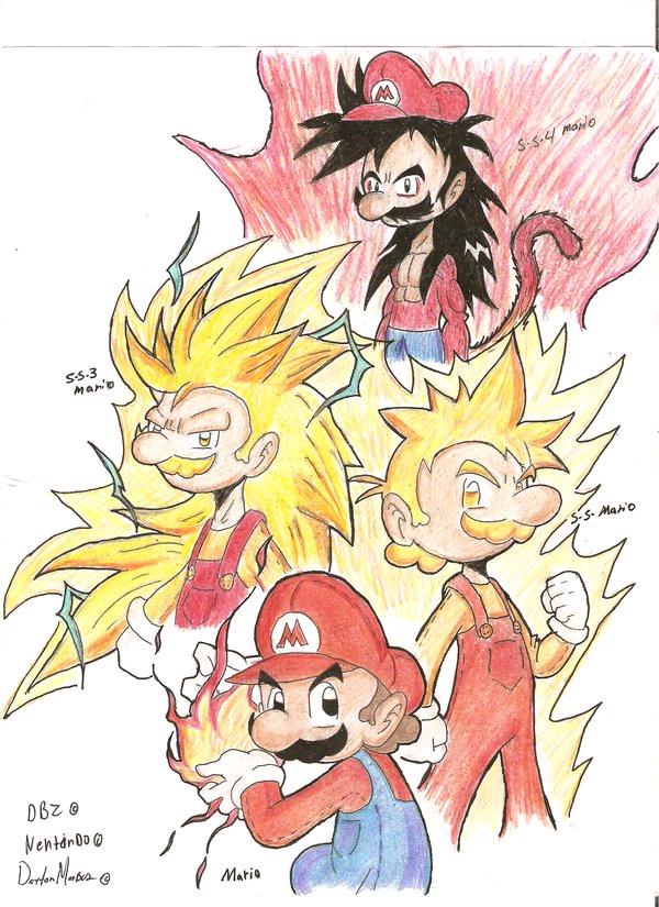 1boy aura black_eyes black_hair blonde_hair brown_hair dragon_ball dragon_ball_gt dragon_ball_z facial_hair fire gloves long_hair long_sleeves looking_at_viewer male_focus mario super_mario_bros. masterdm90 monkey_tail multiple_views mustache orange_shirt overalls red_headwear red_shirt shirt short_hair super_saiyan super_saiyan_3 super_saiyan_4 tail white_background white_gloves yellow_eyes