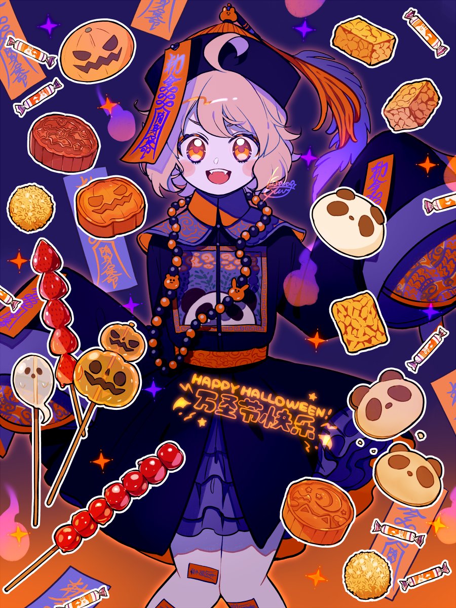 1girl ahoge black_dress black_headwear blonde_hair blue_background blush candy candy_wrapper dress english_text feet_out_of_frame food gradient gradient_background halloween hands_up happy_halloween hat highres jack-o'-lantern jewelry kisaragi_yuu_(fallen_sky) looking_at_viewer necklace open_mouth orange_background orange_eyes original outline panda qing_guanmao short_hair sleeves_past_fingers sleeves_past_wrists smile solo tassel white_outline wide_sleeves
