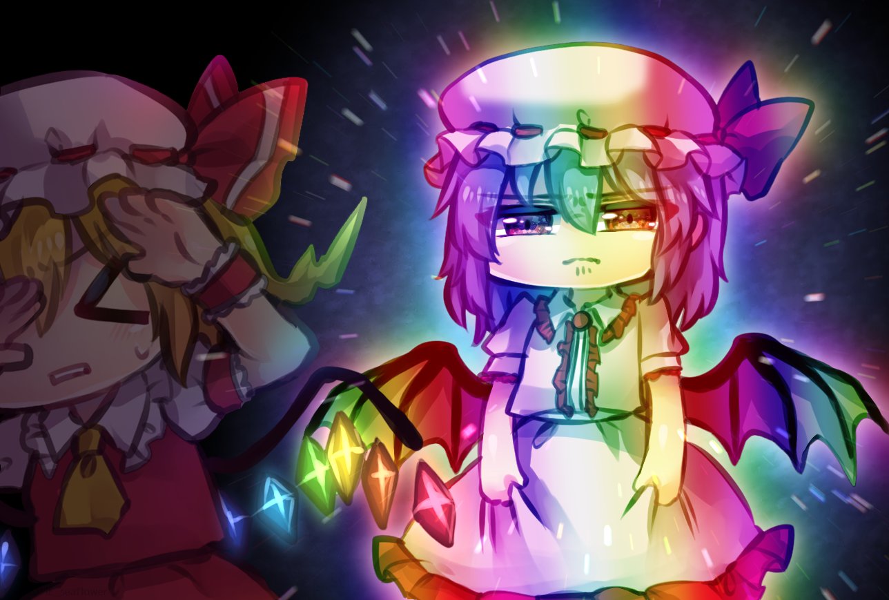 &gt;_&lt; 2girls ascot bangs bat_wings blonde_hair closed_eyes closed_mouth collared_shirt covering_eyes crystal dark_background eyebrows_visible_through_hair flandre_scarlet frilled_skirt frills hat hat_ribbon holding holding_clothes holding_skirt light_particles looking_at_viewer medium_hair mob_cap multiple_girls open_mouth purple_hair rainbow red_eyes red_ribbon red_shirt red_skirt remilia_scarlet ribbon ribbon-trimmed_headwear ribbon_trim shirt short_sleeves side_ponytail skirt sweat touhou unime_seaflower white_headwear white_shirt white_skirt wings wrist_cuffs yellow_neckwear