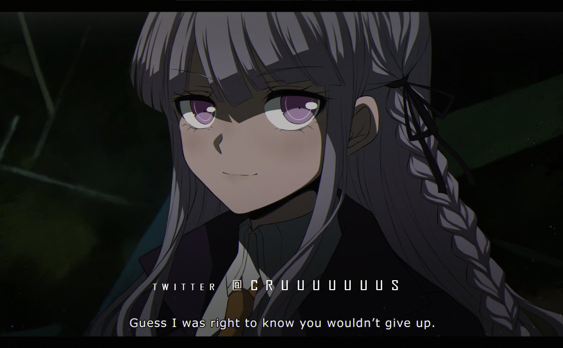 1girl bangs black_jacket braid criis-chan dangan_ronpa:_trigger_happy_havoc dangan_ronpa_(series) english_text gloves hair_ornament hair_ribbon jacket kirigiri_kyouko long_hair looking_at_viewer necktie purple_hair ribbon single_braid smile solo subtitled symbol_commentary twitter_username violet_eyes