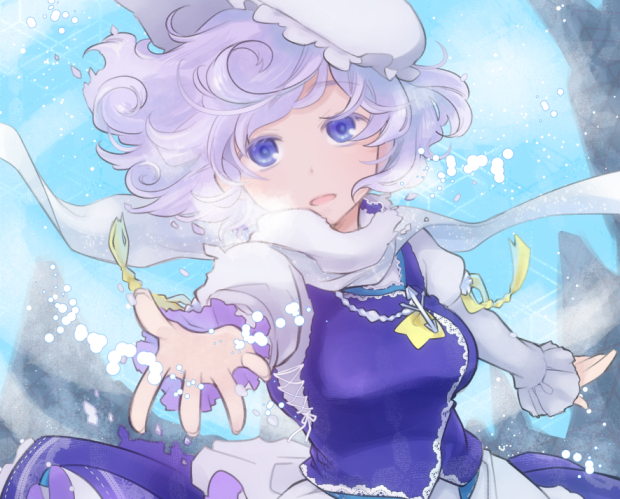 1girl blue_dress blue_eyes breasts commentary_request day diffraction_spikes dress floating_hair hat inuinui juliet_sleeves letty_whiterock light_purple_hair long_sleeves medium_breasts open_mouth outstretched_arm puffy_sleeves reaching_out rock scarf short_hair sky snow solo touhou upper_body white_headwear