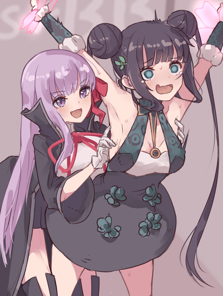 2girls bangs bare_shoulders bb_(fate)_(all) bb_(fate/extra_ccc) black_coat black_dress blue_eyes blush breasts china_dress chinese_clothes coat double_bun dress fate/grand_order fate_(series) gloves hair_ornament hair_ribbon high-waist_skirt kopaka_(karda_nui) large_breasts leaf_hair_ornament leotard long_hair long_sleeves multiple_girls neck_ribbon open_clothes open_coat open_mouth popped_collar purple_hair red_ribbon ribbon sidelocks skirt smile thighs tickling twintails very_long_hair violet_eyes white_gloves white_leotard yang_guifei_(fate/grand_order)