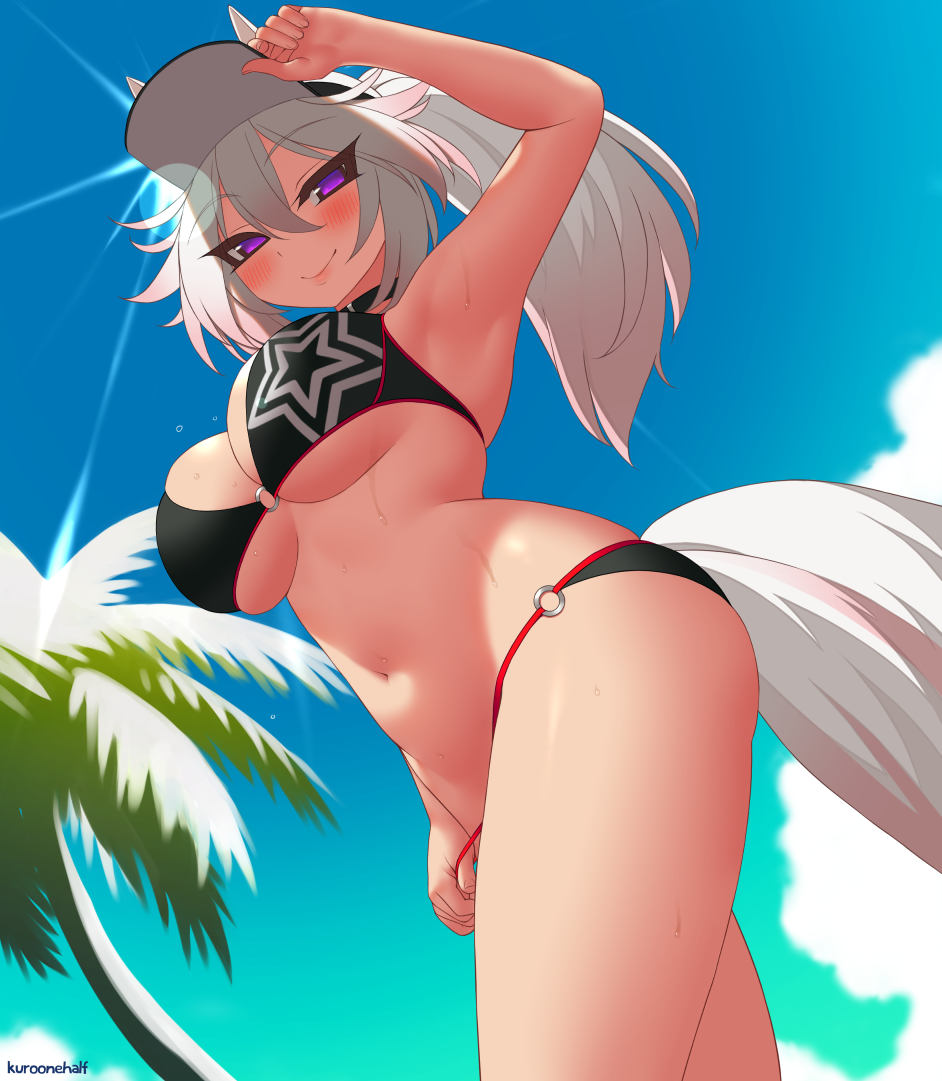 1girl animal_ears arm_up armpits artist_name bangs bikini black_bikini blue_sky blush breasts character_request clouds commentary_request commission day eyebrows_visible_through_hair eyes_visible_through_hair from_below grey_hair hair_between_eyes hand_on_headwear horse_ears horse_girl horse_tail kuroonehalf large_breasts lens_flare light_rays long_hair looking_at_viewer navel o-ring o-ring_bikini outdoors palm_tree ponytail sky smile solo sunbeam sunlight sweat swimsuit tail tree umamusume violet_eyes visor_cap