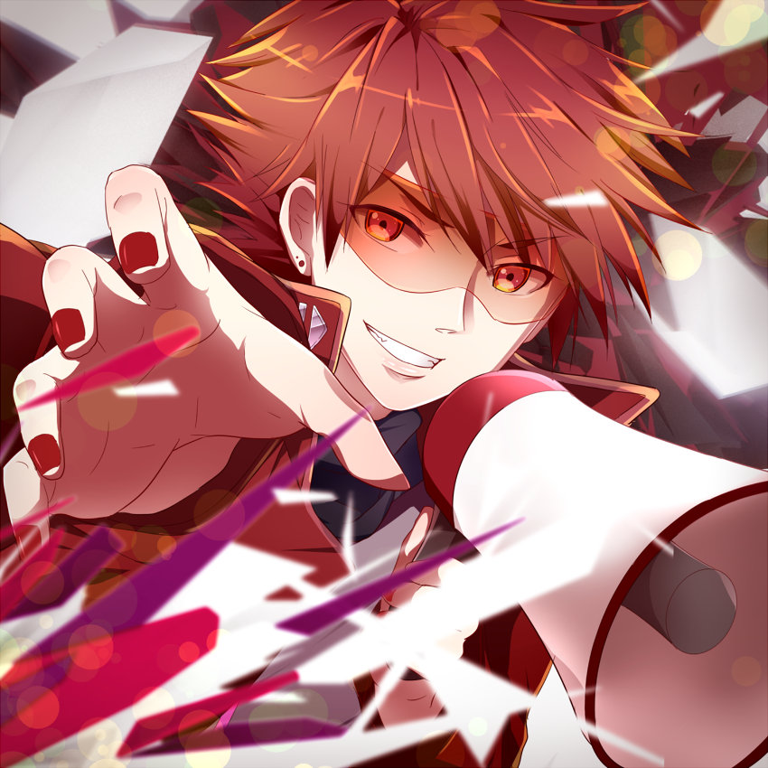 1boy collar ear_piercing eyebrows_visible_through_hair hair_between_eyes holding holding_megaphone kou_saku_sena megaphone piercing reaching_out red_eyes redhead smile sound_voltex tagme teeth tsumabuki_right