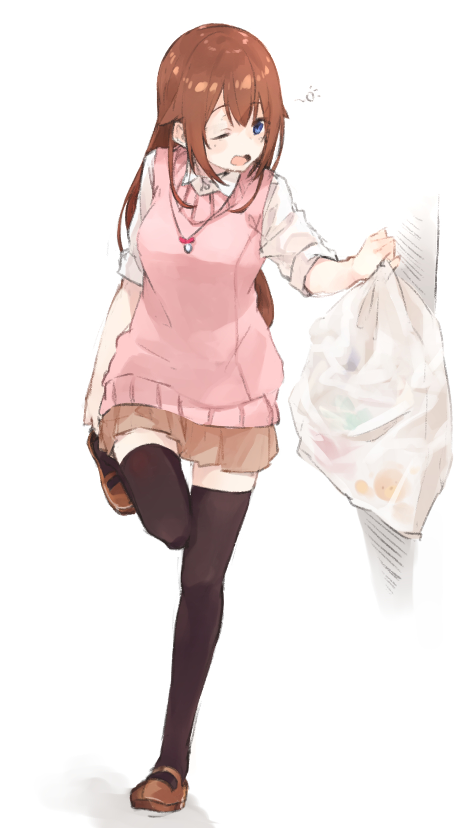 1girl arm_support bag blue_eyes brown_footwear brown_hair brown_legwear cardigan doorway full_body highres hololive jewelry kase_(kurimuzone_oruta) long_hair necklace one_eye_closed open_mouth plastic_bag putting_on_shoes school_uniform simple_background sketch sleeves_folded_up solo thigh-highs tired tokino_sora trash trash_bag virtual_youtuber white_background yawning zettai_ryouiki