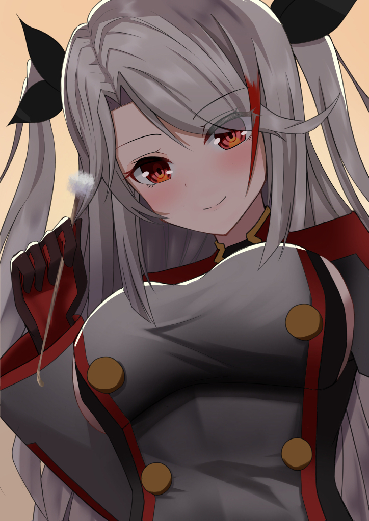 1girl azur_lane black_gloves blush breasts buttons colored_tips commentary_request from_below gloves grey_hair hair_ribbon large_breasts long_hair looking_at_viewer mikoto_paint mimikaki prinz_eugen_(azur_lane) red_eyes red_gloves ribbon sideboob smile solo twintails very_long_hair yellow_background