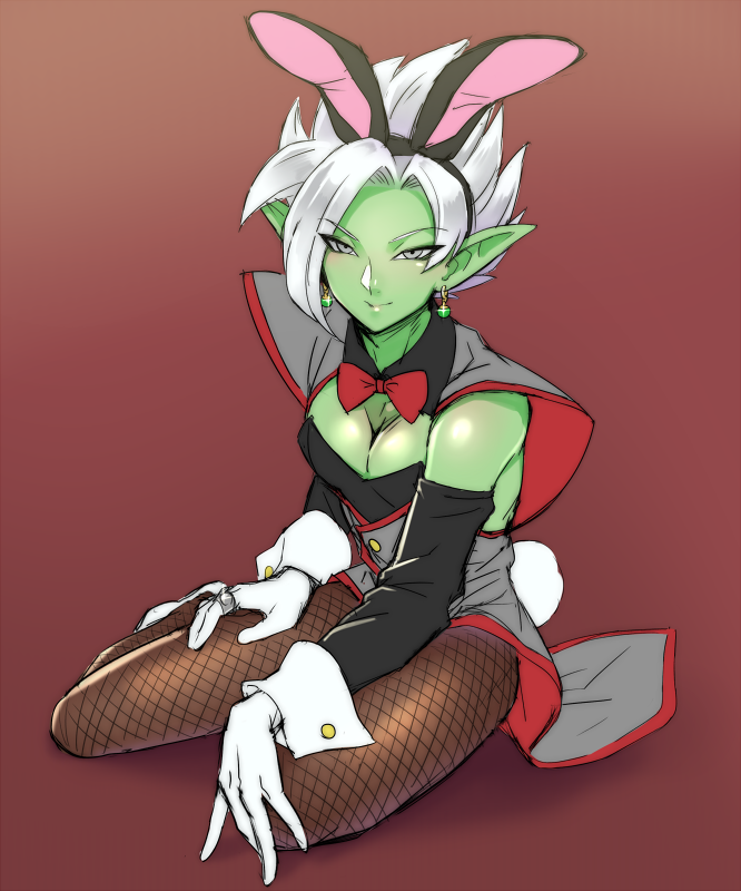 1boy animal_ears bare_shoulders bunny_tail closed_mouth dragon_ball dragon_ball_super earrings fake_animal_ears fake_tail fishnet_legwear fishnets full_body fused_zamasu gloves green_skin grey_eyes jewelry male_focus male_playboy_bunny otoko_no_ko pantyhose pointy_ears potara_earrings rabbit_ears sitting smile solo tail teba_makoto white_gloves white_hair wrist_cuffs yokozuwari