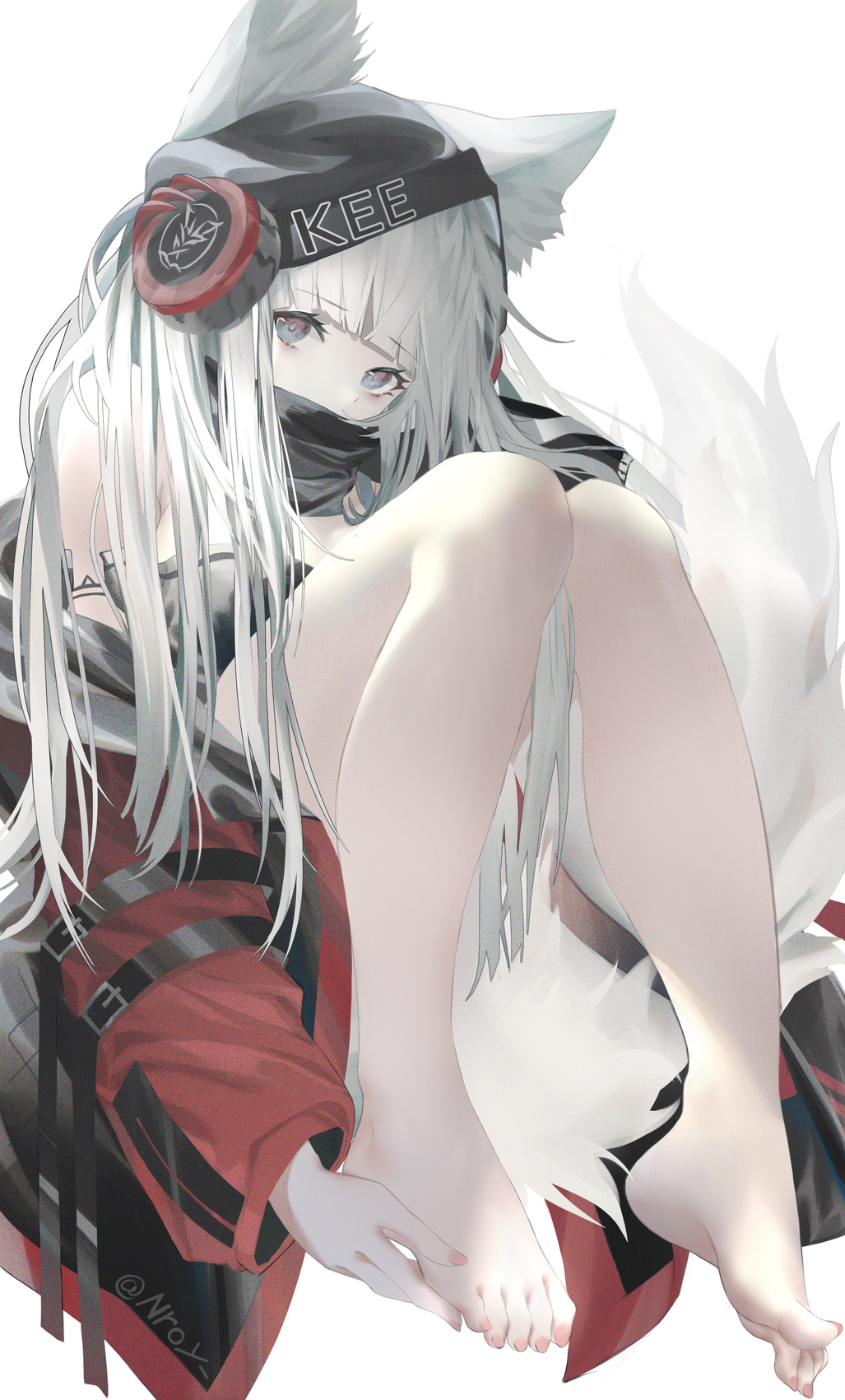 1girl animal_ear_fluff animal_ears arknights artist_name bangs bare_legs bare_shoulders barefoot black_headwear black_scarf black_shirt blunt_bangs cape commentary_request covered_mouth eyebrows eyebrows_visible_through_hair feet fluffy fox_ears fox_tail frostleaf_(arknights) grey_eyes hair_over_shoulder hand_on_own_foot head_tilt headphones highres hood hooded_jacket jacket knees_together_feet_apart knees_up long_hair looking_at_viewer multicolored_hair nroy- off_shoulder open_clothes open_jacket partial_commentary red_jacket scarf shirt silver_hair simple_background sitting solo strap tail thighs toes touching touching_toes twitter_username two-tone_hair white_background white_hair white_tail
