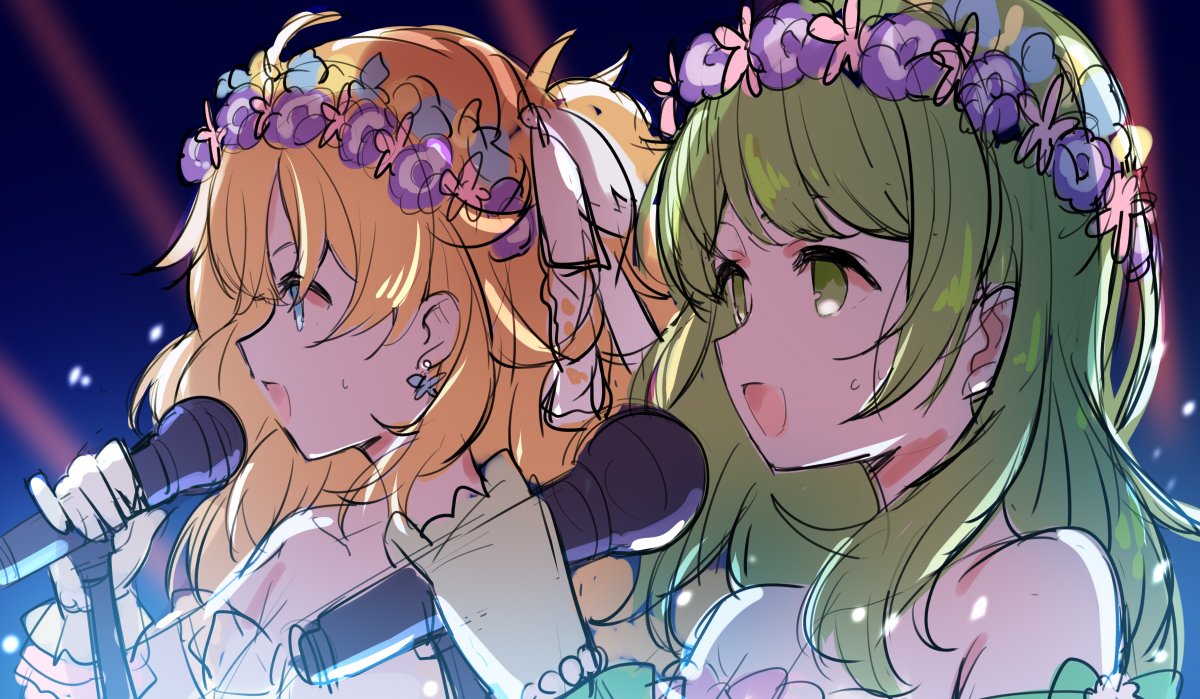 2girls :d bangs bare_shoulders blue_eyes blue_flower bow brown_hair collarbone commentary_request earrings flower flower_earrings flower_wreath gloves green_eyes green_hair hair_bow head_wreath holding holding_microphone jewelry long_hair meito_(maze) microphone morinaka_kazaki multiple_girls nijisanji open_mouth otogibara_era pink_flower purple_flower sketch smile upper_body virtual_youtuber white_bow white_gloves