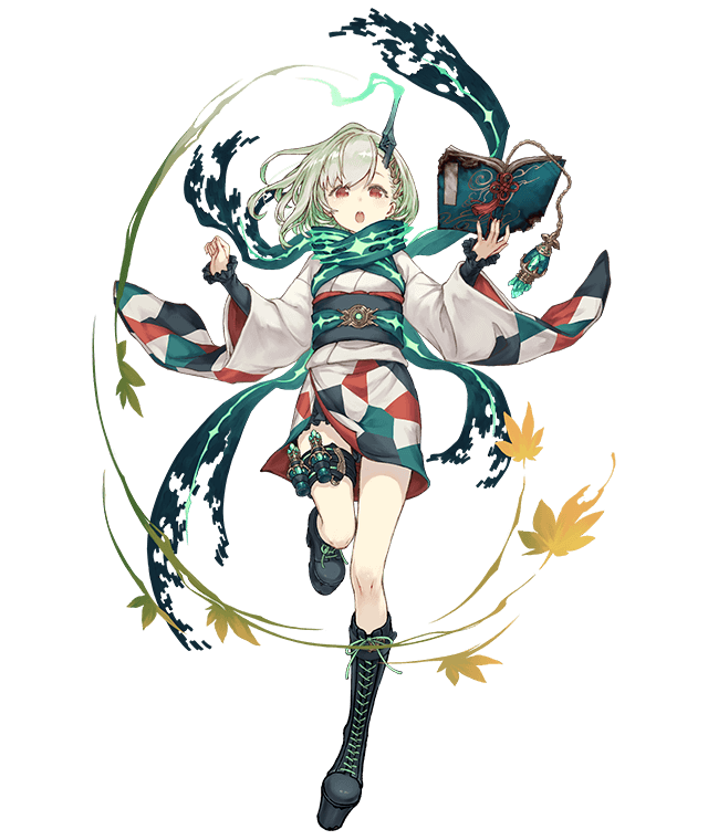 1girl :o book boots cross-laced_footwear full_body green_hair horns japanese_clothes ji_no kimono leaf little_match_girl_(sinoalice) looking_at_viewer maple_leaf official_art platform_footwear red_eyes sash scarf short_kimono single_horn sinoalice solo thigh_strap transparent_background wide_sleeves