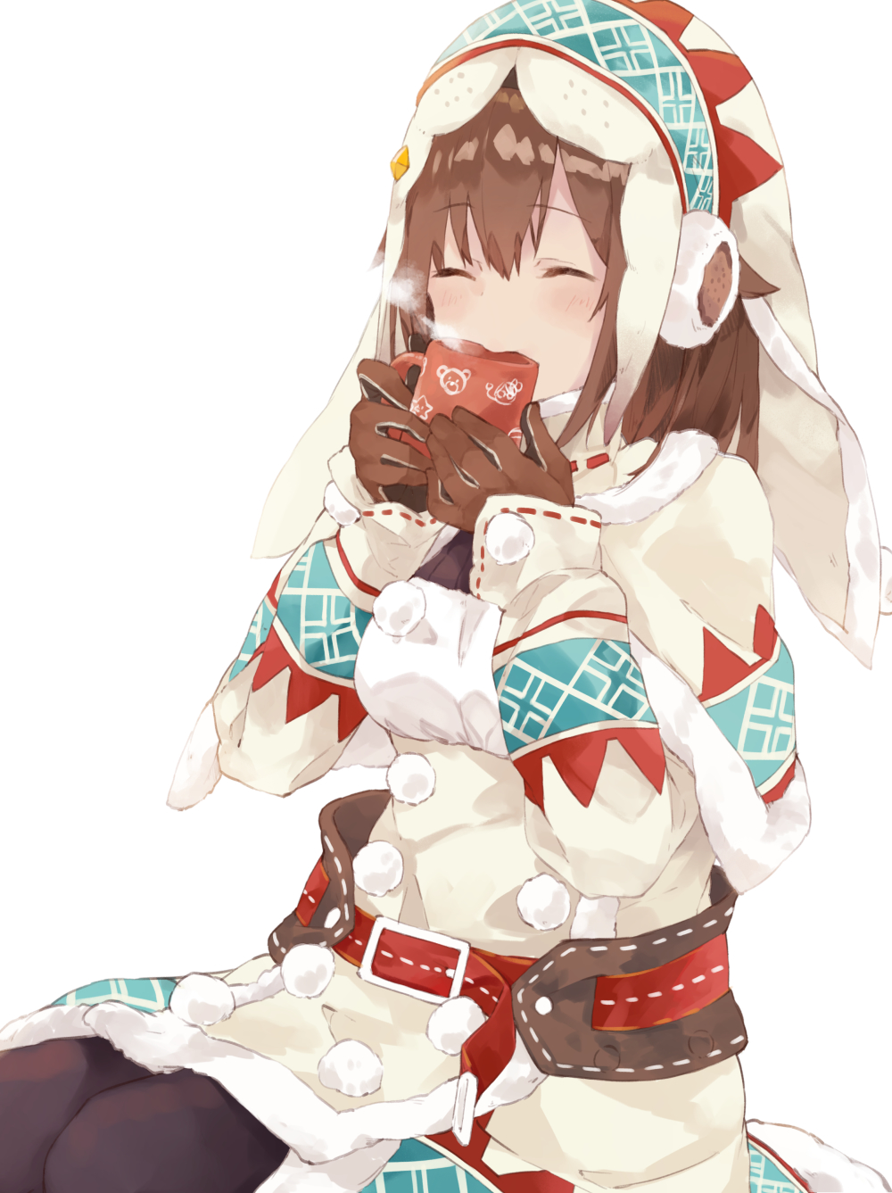 1girl animal_print ankimo ankimo_(tokino_sora) bear_print belt breasts brown_gloves brown_hair brown_legwear closed_eyes coffee_mug cup drinking earmuffs gloves hands_up highres hololive hood kase_(kurimuzone_oruta) leather leather_gloves long_hair mafumofu_(armor) monster_hunter mug pantyhose pom_pom_(clothes) simple_background sitting small_breasts solo steam stitching thighs tokino_sora virtual_youtuber white_background winter_clothes