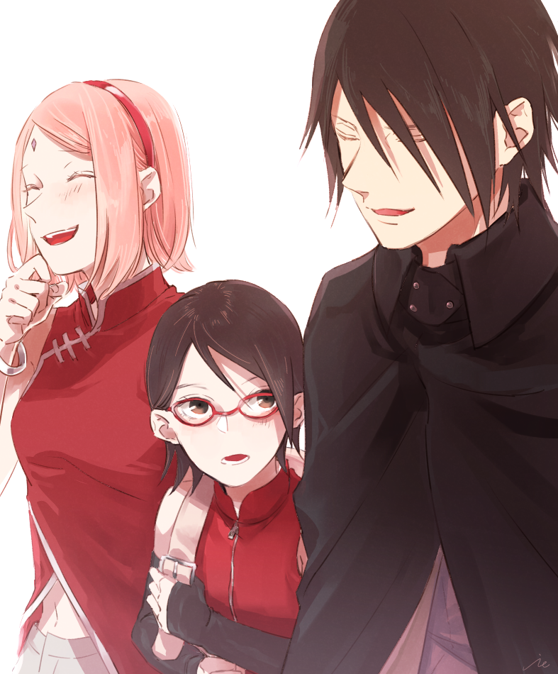 1boy 2girls black_eyes black_hair blush boruto:_naruto_next_generations closed_eyes family father_and_daughter glasses hairband haruno_sakura husband_and_wife mother_and_daughter multiple_girls naruto_(series) pink_hair red-framed_eyewear short_hair smile uchiha_sarada uchiha_sasuke white_background