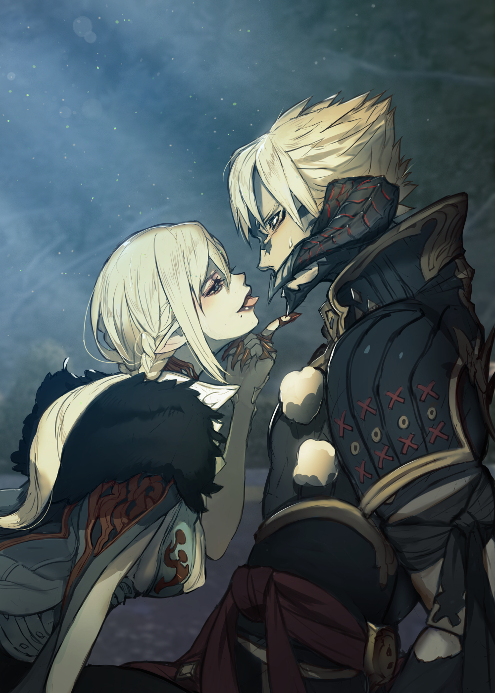 1boy 1girl au_ra bangs blonde_hair blue_eyes blurry blurry_background braid breasts covered_nipples dragon_horns elezen elf final_fantasy final_fantasy_xiv fur_collar hide_(hideout) highres horns long_hair looking_at_another medium_breasts mole mole_under_mouth pale_skin pointy_ears profile scales short_hair sweatdrop tongue tongue_out