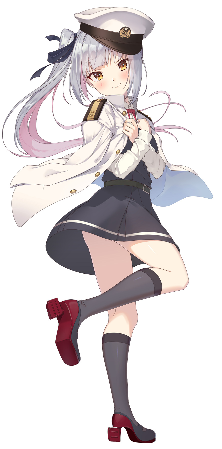 1girl bangs belt black_legwear black_ribbon blush commentary_request crossed_arms dress epaulettes eyebrows_visible_through_hair full_body hair_ribbon hands_on_own_chest hat highres kantai_collection kasumi_(kantai_collection) kneehighs long_hair long_sleeves looking_at_viewer military military_uniform naval_uniform nueco peaked_cap pinafore_dress red_ribbon remodel_(kantai_collection) ribbon rudder_footwear school_uniform shirt side_ponytail silver_hair simple_background sleeveless sleeveless_dress smile solo uniform white_background white_shirt yellow_eyes