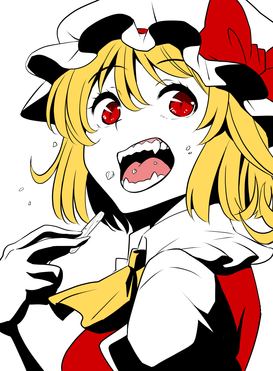 1girl ascot blonde_hair bow eating fangs flandre_scarlet from_side hand_up hat hat_bow highres limited_palette looking_at_viewer looking_to_the_side open_mouth puffy_short_sleeves puffy_sleeves red_bow red_vest shiraue_yuu short_hair short_sleeves simple_background slit_pupils solo touhou vampire vest white_background white_headwear yellow_eyes yellow_neckwear