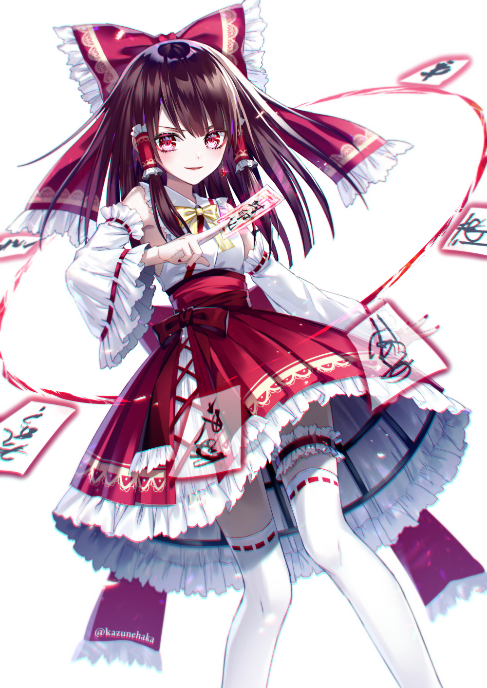 1girl bangs bow brown_hair detached_sleeves feet_out_of_frame frilled_bow frilled_skirt frilled_sleeves frills hair_bow hair_tubes hakurei_reimu highres holding kazunehaka long_hair long_sleeves nontraditional_miko red_bow red_eyes red_skirt sidelocks skirt solo talisman thigh-highs thigh_strap touhou white_background white_legwear wide_sleeves yellow_neckwear