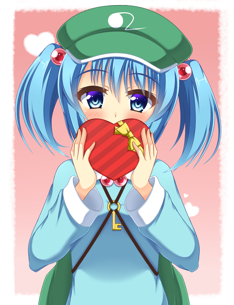 1girl blue_eyes blue_hair blush box eyebrows_visible_through_hair green_headwear hair_bobbles hair_ornament hat heart heart-shaped_box houkiboshi kawashiro_nitori long_sleeves looking_at_viewer short_hair short_twintails solo touhou twintails valentine