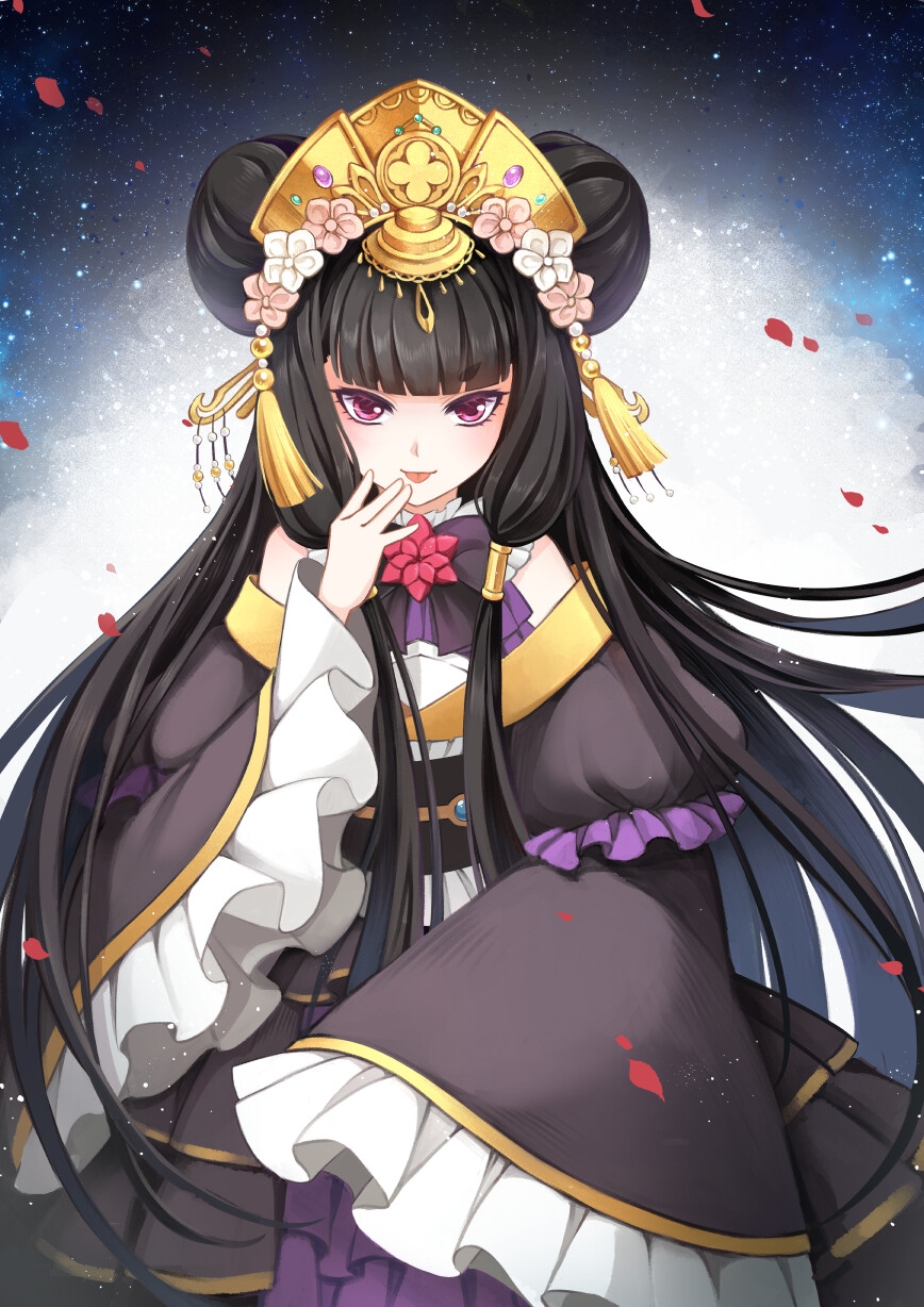 1girl bangs bare_shoulders black_hair blunt_bangs chao_feng dress flower_ornament hair_tubes headdress highres long_hair looking_at_viewer red_eyes thunderbolt_fantasy tongue tongue_out xunling