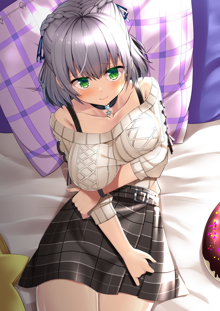 1girl belt black_choker blush braid breast_hold breasts choker collarbone donut_pillow french_braid green_eyes holding_own_arm hololive large_breasts lips looking_at_viewer natsuki_shuri off-shoulder_sweater off_shoulder on_bed pendant_choker pillow plaid plaid_belt plaid_skirt shirogane_noel silver_hair skirt smile snowflake_pendant solo spaghetti_strap star_pilow sweater thighs virtual_youtuber watch watch white_sweater