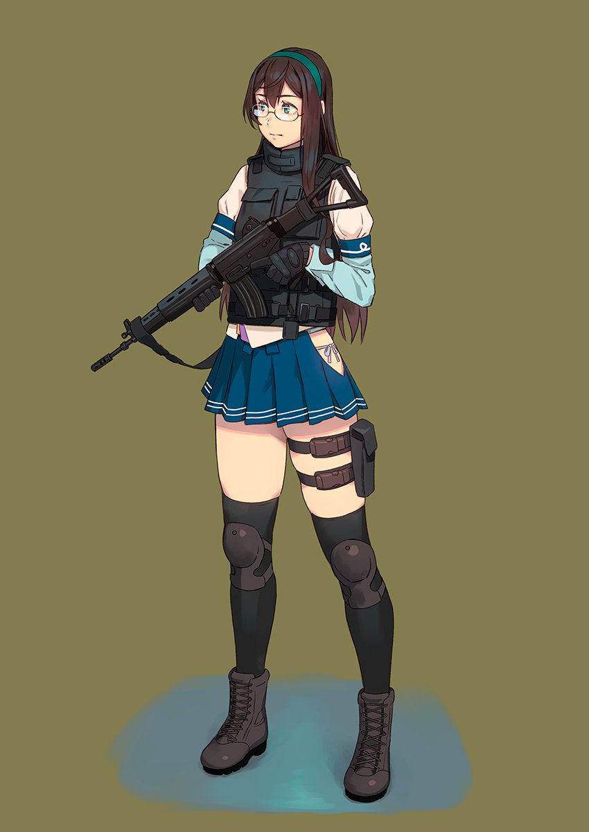 1girl assault_rifle bangs black_hair black_legwear blue_skirt boots closed_mouth full_body glasses gloves green_background gun hairband highres hip_vent holding holding_gun holding_weapon howa_type_89 kantai_collection knee_pads long_hair long_sleeves ooyodo_(kantai_collection) panties rifle sailor_collar school_uniform serafuku side-tie_panties simple_background skirt solo standing thigh-highs thigh_strap underwear vest weapon weapon_request yuuji_(and)