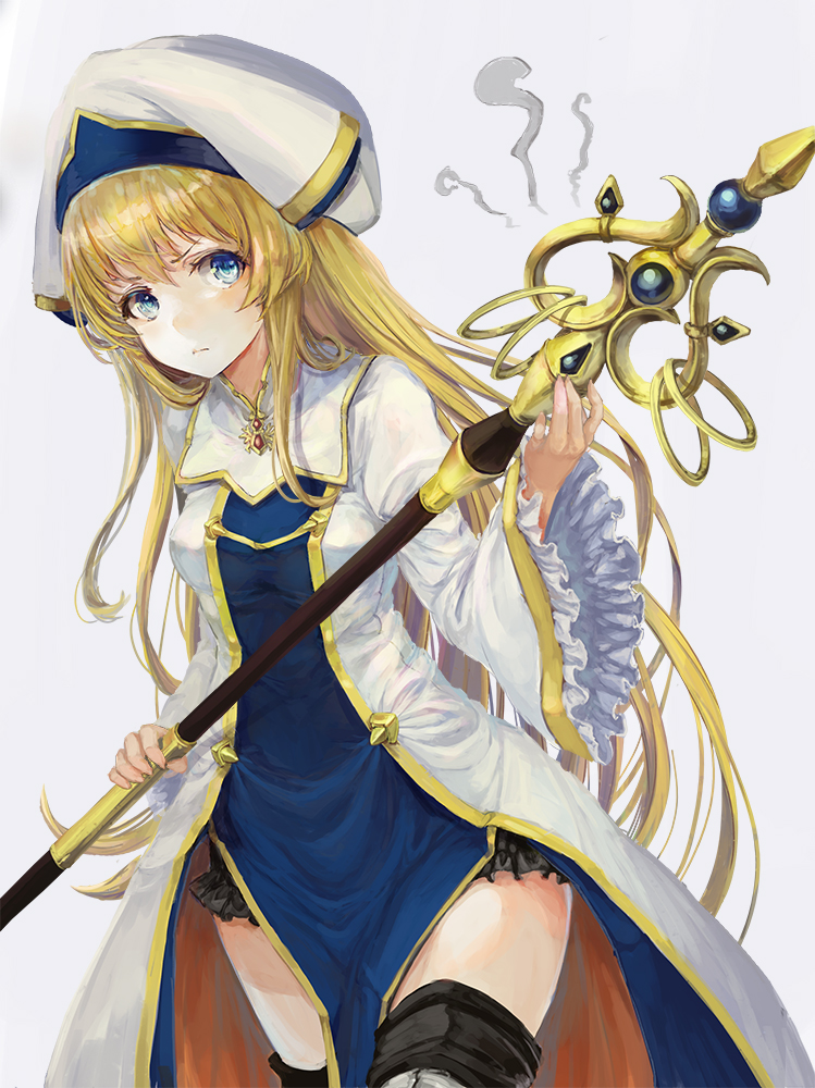 1girl bangs blonde_hair blue_eyes breasts cowboy_shot dress frilled_sleeves frills goblin_slayer! gold_trim hair_between_eyes hat inarini_usagi long_hair long_sleeves priestess_(goblin_slayer!) solo thigh-highs very_long_hair white_background wide_sleeves