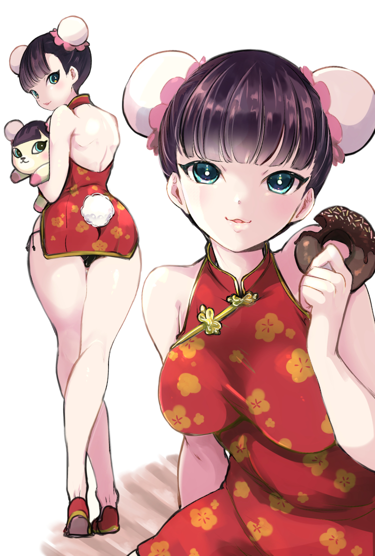 1girl bangs bare_shoulders bent_over blue_eyes blunt_bangs blush breasts bun_cover china_dress chinese_clothes chorimokki double_bun doughnut dress food full_body holding holding_food large_breasts looking_at_viewer looking_back microdress multiple_views original pekoe_(animal_crossing) short_dress simple_background solo taut_clothes taut_dress