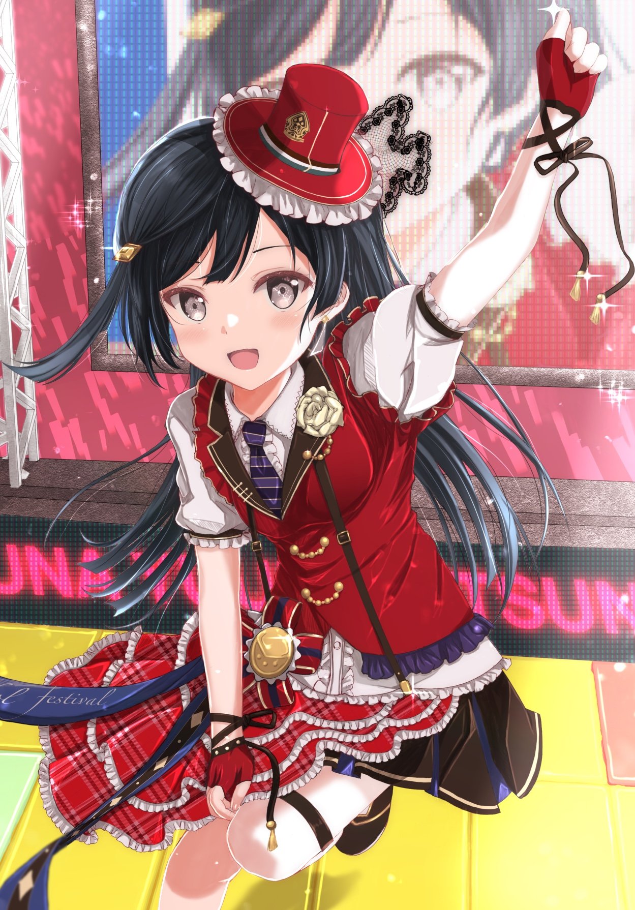 1girl aiguillette arm_on_knee arm_up asymmetrical_hair asymmetrical_legwear bangs black_hair bow bowtie buttons collared_shirt dancing flower frilled_shirt frilled_skirt frills fushimi_asuha gloves grey_eyes hair_ornament half_gloves hand_up hat highres idol_clothes knee_up long_hair love_live! love_live!_nijigasaki_high_school_idol_club necktie one_side_up open_mouth red_skirt red_vest rose screen shirt skirt stage standing vest yuuki_setsuna_(love_live!)