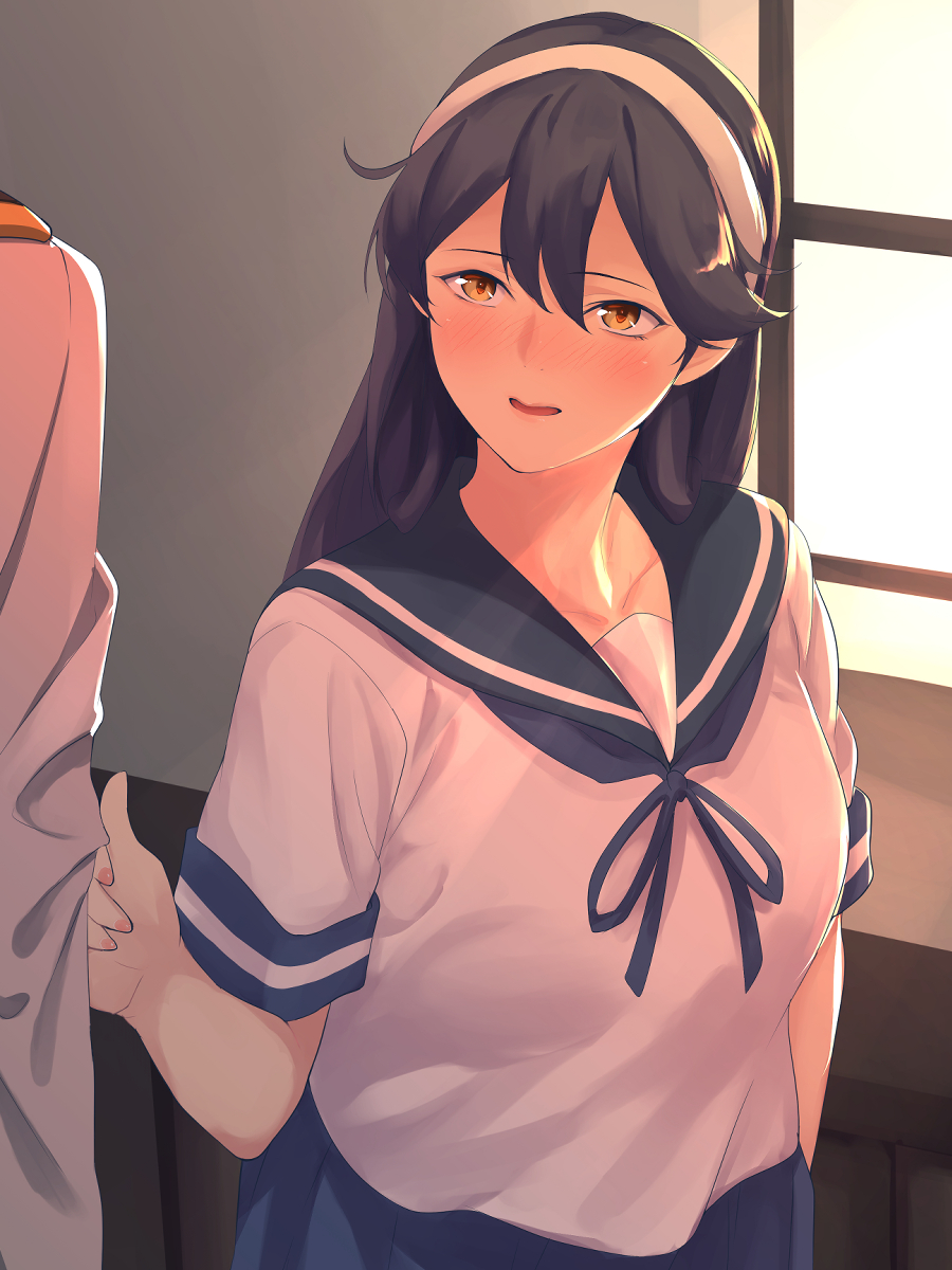 1boy 1girl admiral_(kantai_collection) black_hair blue_sailor_collar brown_eyes collarbone epaulettes hairband highres kantai_collection long_hair long_sleeves military military_uniform naval_uniform open_mouth out_of_frame sailor_collar school_uniform serafuku shingyou_(alexander-13) short_sleeves sleeve_tug smile solo_focus uniform ushio_(kantai_collection) white_hairband