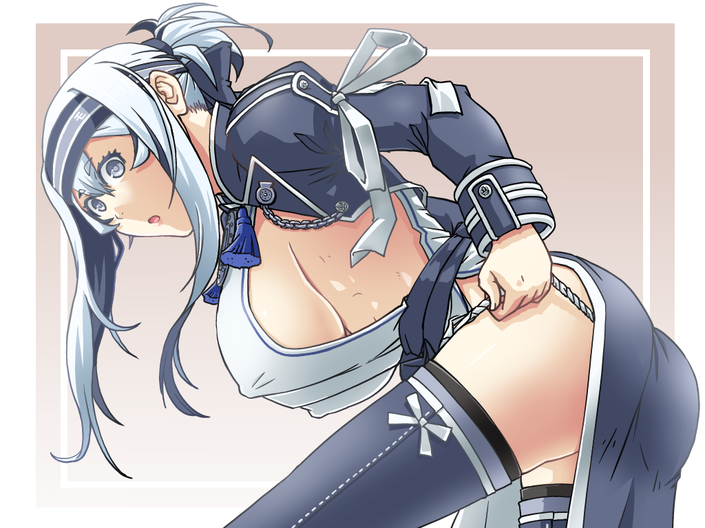 1girl ainu ainu_clothes blue_eyes blue_hair blue_headband breasts cropped_jacket dress folded_ponytail fundoshi headband japanese_clothes kamoi_(kancolle) kantai_collection large_breasts long_hair multicolored_hair pelvic_curtain short_eyebrows sideboob sidelocks sir_ichirou sleeveless sleeveless_dress solo thick_eyebrows thigh-highs two-tone_hair white_dress white_hair wrist_guards