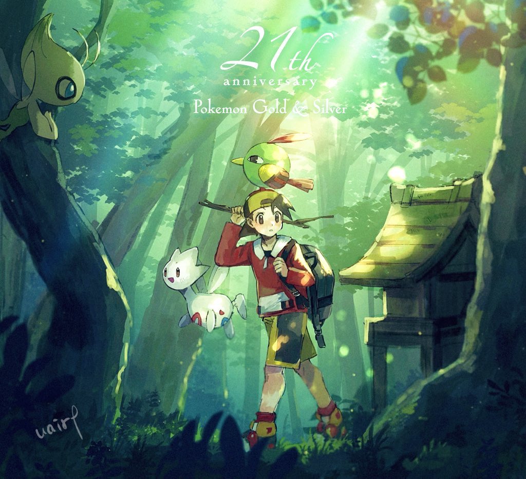 1boy anniversary backpack backwards_hat bag baseball_cap black_hair celebi commentary_request day ethan_(pokemon) forest gen_2_pokemon grass hanenbo hat holding holding_strap ilex_forest knees long_sleeves looking_to_the_side male_focus mythical_pokemon natu nature on_head outdoors pokemon pokemon_(creature) pokemon_(game) pokemon_gsc pokemon_on_head shoes shorts standing togetic tree yellow_shorts