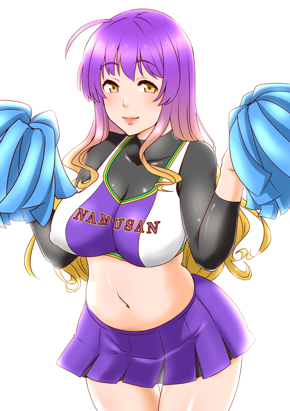 1girl blonde_hair blush breasts cheerleader closed_mouth clothes_writing cowboy_shot gradient_hair highres hijiri_byakuren large_breasts long_hair long_sleeves looking_at_viewer miniskirt multicolored_hair navel purple_hair purple_skirt shiraue_yuu simple_background skirt smile solo standing thigh_gap touhou white_background yellow_eyes