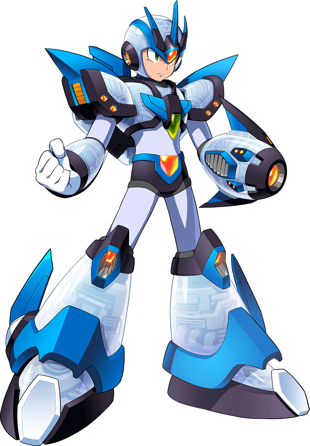 1boy android arm_cannon armor costume forehead_jewel gem gloves green_eyes helmet highres jetpack male_focus mizuno_keisuke official_art pauldrons robot rockman rockman_x shoulder_armor shoulder_pads solo third-party_source transparent_background weapon white_armor x_(rockman)