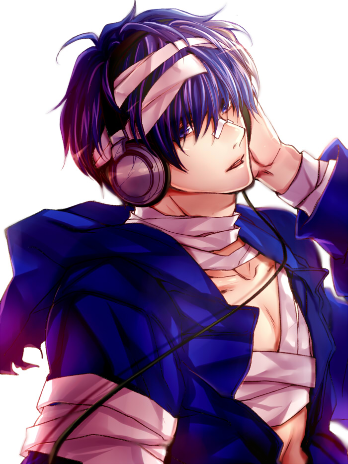 1boy aosame_rain bandages collarbone headphones holding holding_headphones hood hood_down hoodie looking_at_viewer open_mouth purple_hair sound_voltex violet_eyes yasshan