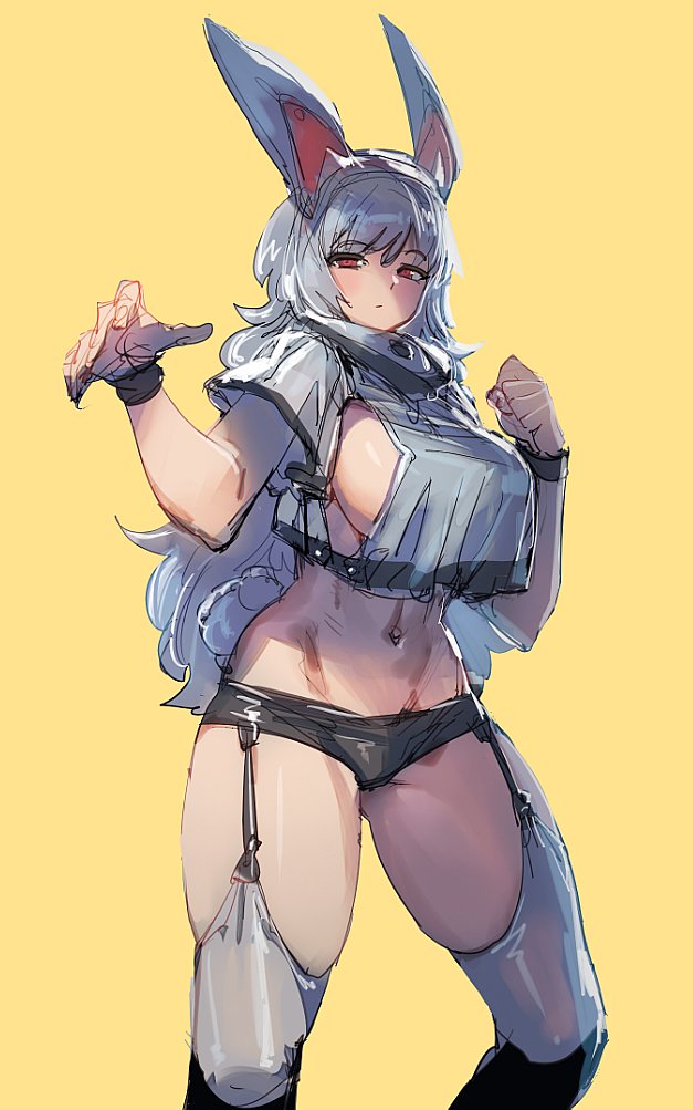 1girl animal_ears black_shorts blush bow_(bhp) breasts closed_mouth cowboy_shot garter_straps grey_hair grey_legwear hands_up large_breasts long_hair looking_at_viewer micro_shorts midriff navel original rabbit_ears red_eyes shorts simple_background solo standing thigh-highs wristband yellow_background