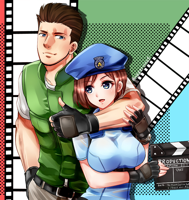 1boy 1girl arm_around_neck arm_under_breasts beret black_gloves blue_eyes blue_headwear blue_shirt blush breasts brown_hair chris_redfield clapperboard closed_mouth commentary_request english_text eyebrows_visible_through_hair film_strip fingerless_gloves gloves green_vest hand_in_pocket hand_on_another's_arm hat holding jill_valentine large_breasts looking_at_another multicolored multicolored_background nagare open_mouth resident_evil shirt short_hair smile standing thumbs_up upper_body vest white_shirt