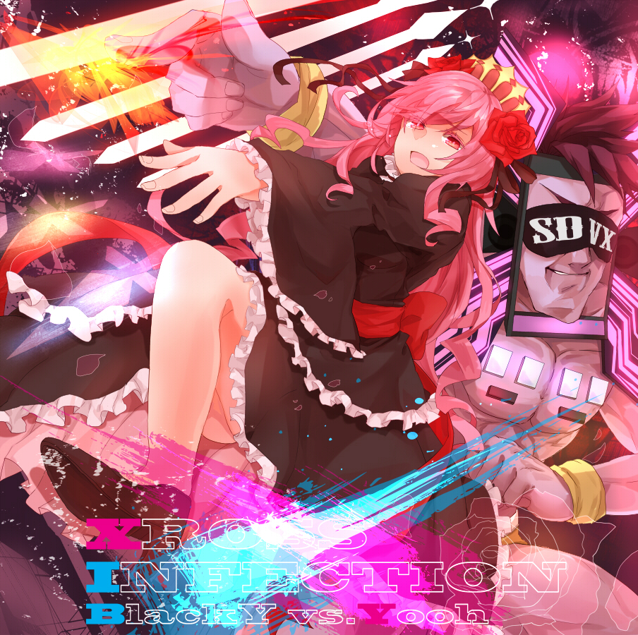 1boy 1girl armband asaya-bigun frills long_hair looking_at_viewer muscle open_mouth outstretched_arm pink_eyes pink_hair pink_skin purple_hair rasis sound_voltex tagme voltenizer_maxima