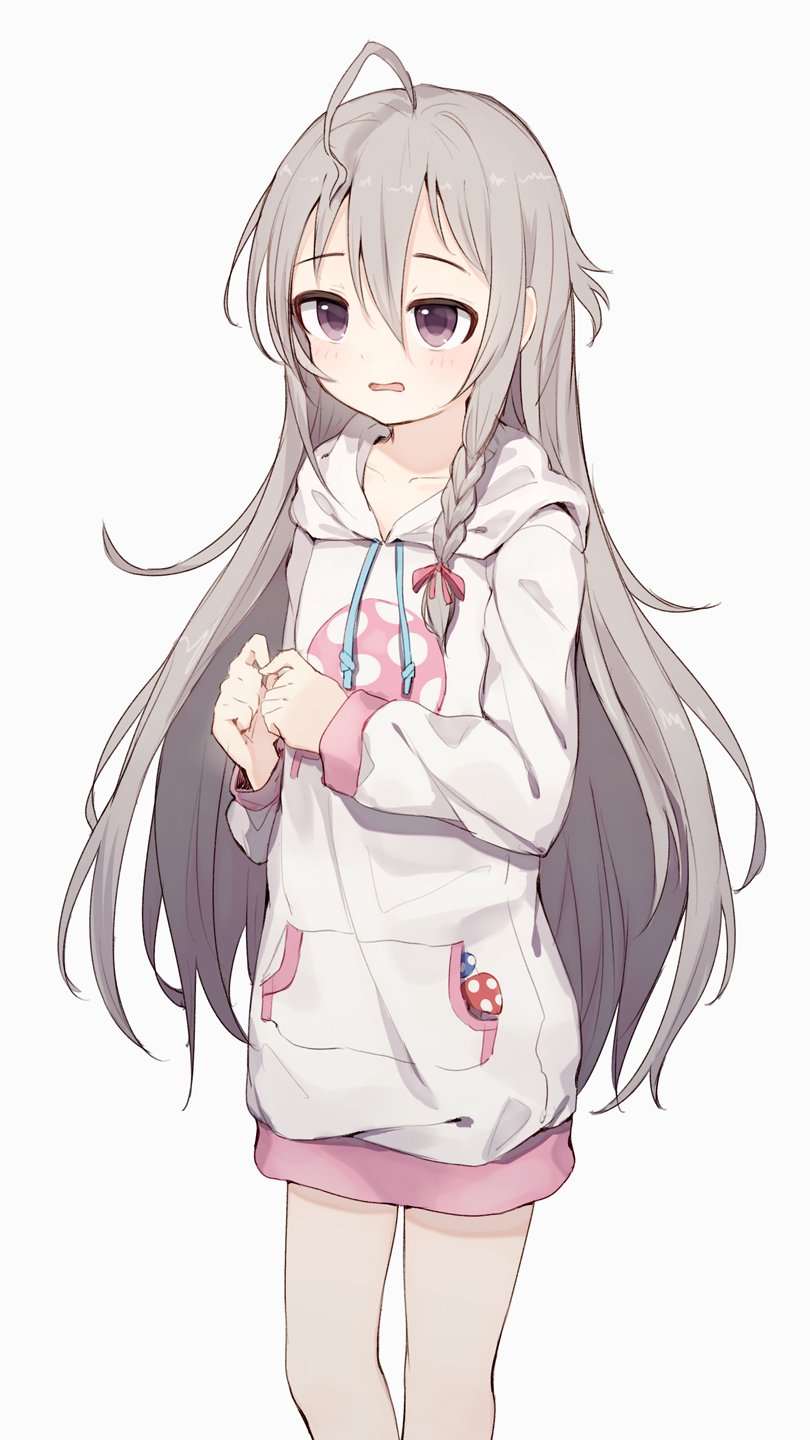 1girl ahoge bangs braid brown_eyes drawstring food_print grey_hair hair_between_eyes hands_together highres hood hood_down hoodie hoshi_shouko idolmaster idolmaster_cinderella_girls long_hair long_sleeves looking_at_viewer making-of_available mushroom mushroom_print parted_lips shone side_braid simple_background single_braid solo very_long_hair white_background white_hoodie