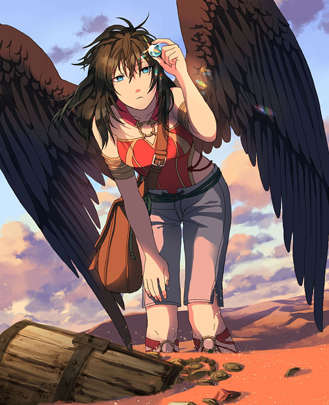 1girl arm_up black_hair blue_eyes donta30303 feet_out_of_frame fire_emblem fire_emblem:_radiant_dawn gem hands_up jewelry long_hair looking_at_object sand shadow solo sunlight sunset treasure_chest vika_(fire_emblem)