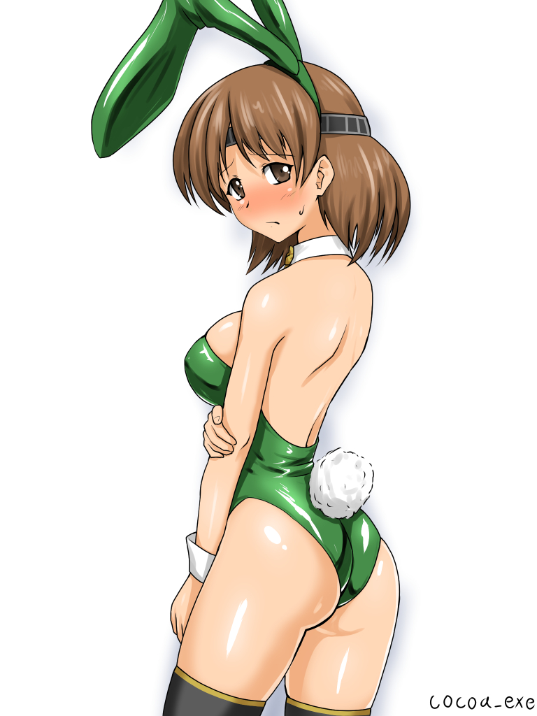 1girl animal_ears ass back black_legwear blush breasts brown_eyes brown_hair chiyoda_(kantai_collection) cocoa_(cocoa0191) detached_collar embarrassed fake_animal_ears fake_tail green_leotard green_neckwear green_ribbon headband kantai_collection large_breasts leotard looking_at_viewer looking_back playboy_bunny rabbit_ears ribbon short_hair signature simple_background solo strapless strapless_leotard sweatdrop tail thigh-highs twitter_username white_background wing_collar wrist_cuffs