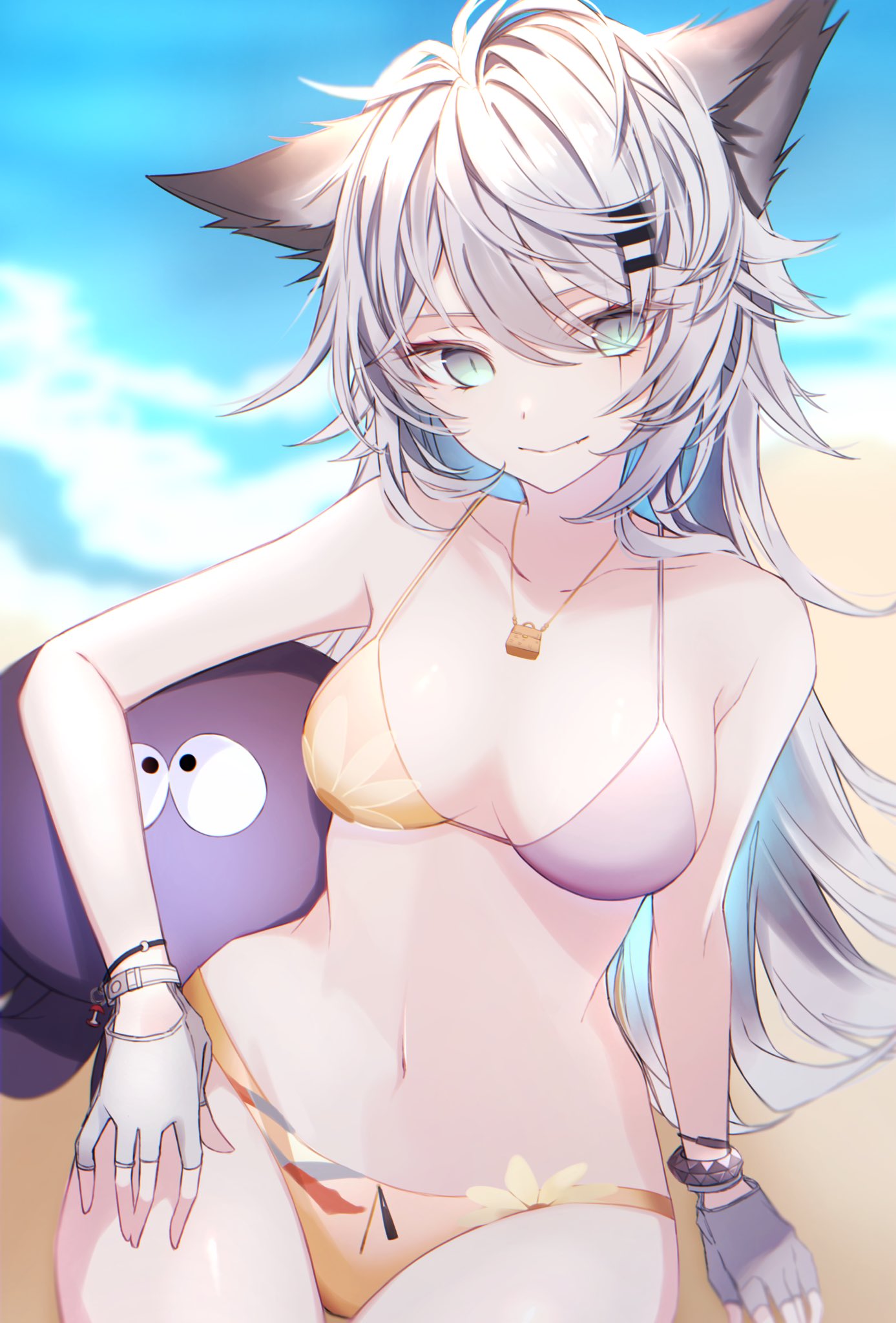 1girl alternate_costume animal_ears arknights bangs bare_shoulders bikini breasts fingerless_gloves gloves grey_eyes highres hq_(8quuu_) jewelry lappland_(arknights) long_hair necklace silver_hair smile solo swimsuit wolf_ears wolf_girl