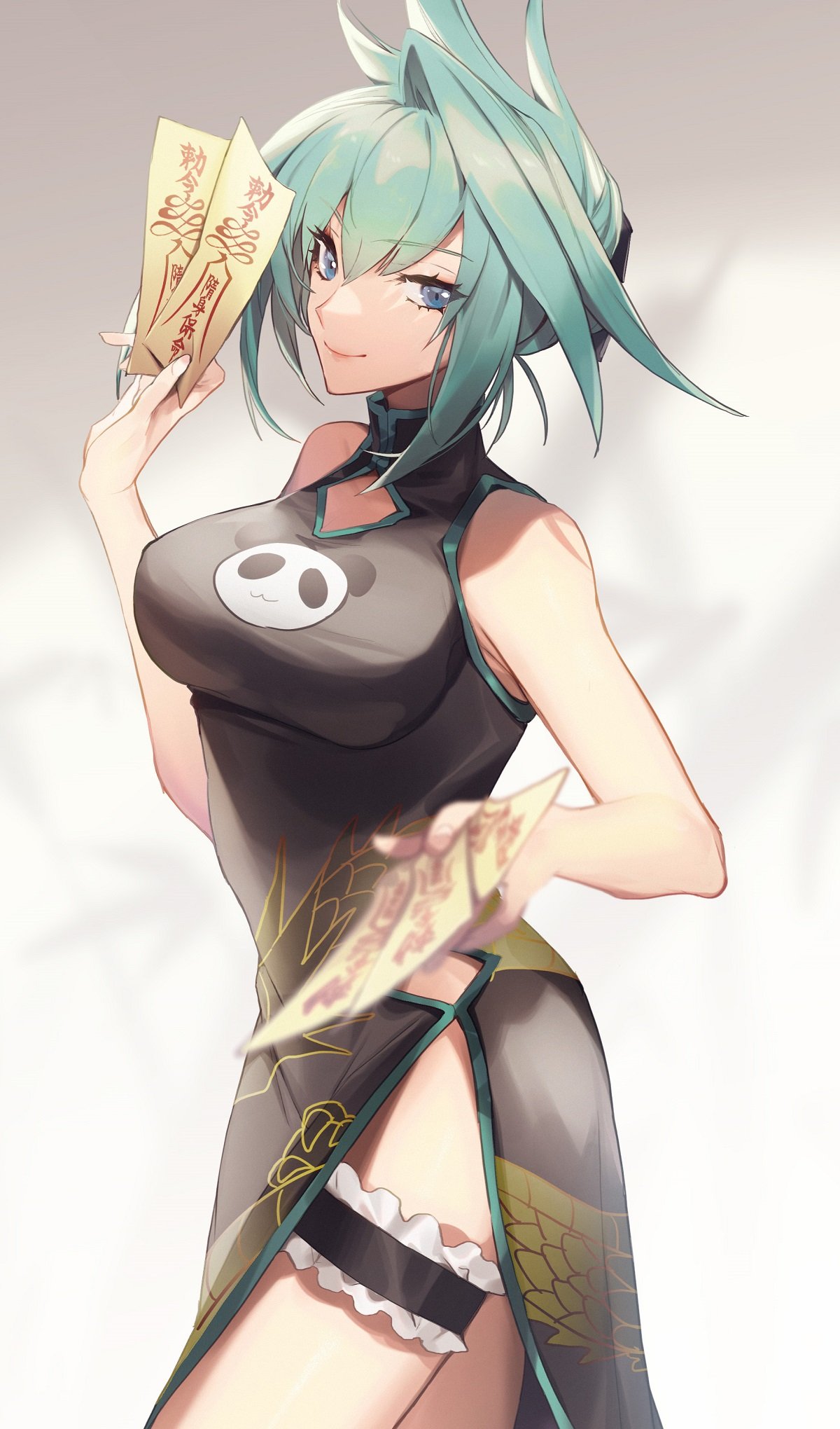 1girl aqua_hair bangs blue_eyes china_dress chinese_clothes dress frills hair_between_eyes highres holding holding_paper looking_at_viewer no-kan panda paper shaman_king short_hair smile solo talisman tao_jun thigh_strap tied_hair