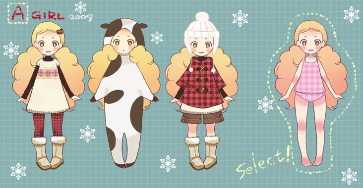 1girl 2009 :d :o animal_costume animal_ears animal_print arms_at_sides barefoot black_shirt blonde_hair blush_stickers boots brown_shorts camisole coat commentary_request cow_costume cow_ears cow_print english_text full_body fur-trimmed_boots fur_trim green_background hat knit_hat long_hair looking_at_viewer multiple_views open_mouth original panties pink_camisole pink_panties pom_pom_(clothes) red_coat red_legwear shirt shorts smile snowflake_background sugano_manami underwear underwear_only unmoving_pattern winter_clothes