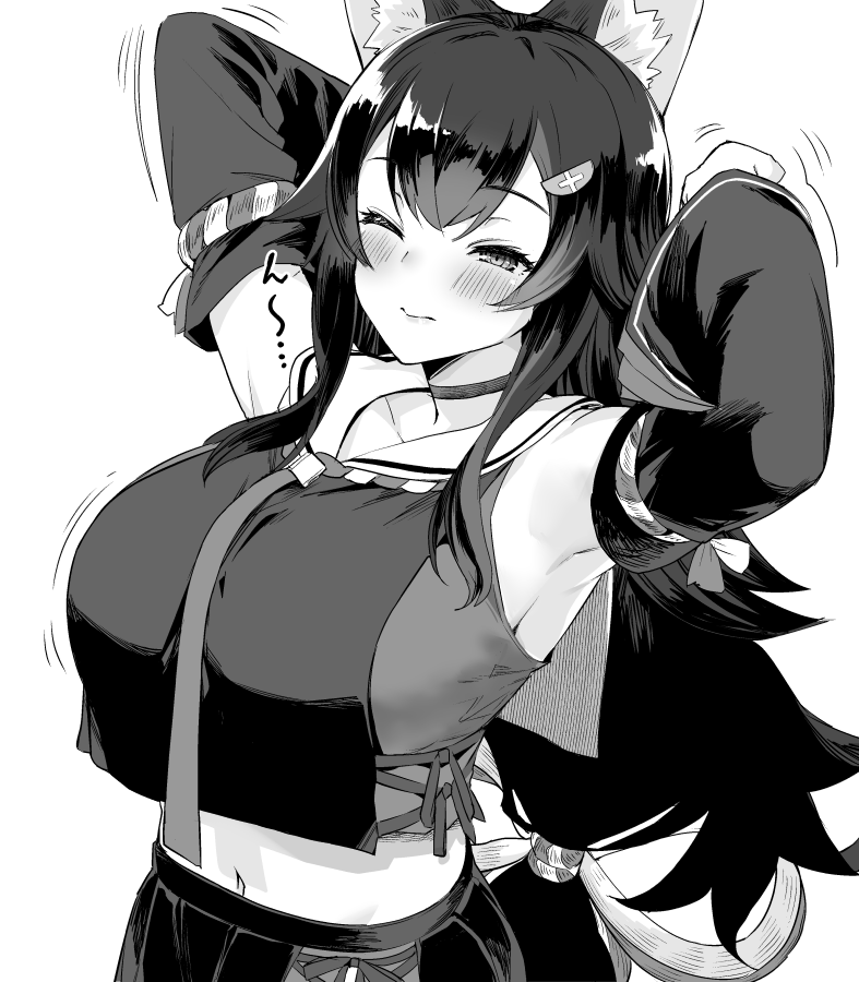 1girl animal_ear_fluff animal_ears armpits arms_behind_head bangs batsu blush breasts detached_sleeves flipped_hair greyscale hair_between_eyes hair_ornament hairclip hololive large_breasts long_hair low-tied_long_hair midriff monochrome navel necktie one_eye_closed ookami_mio pleated_skirt sailor_collar shirt simple_background skirt sleeveless sleeveless_shirt solo stretch tail trembling very_long_hair virtual_youtuber white_background wolf_girl wolf_tail