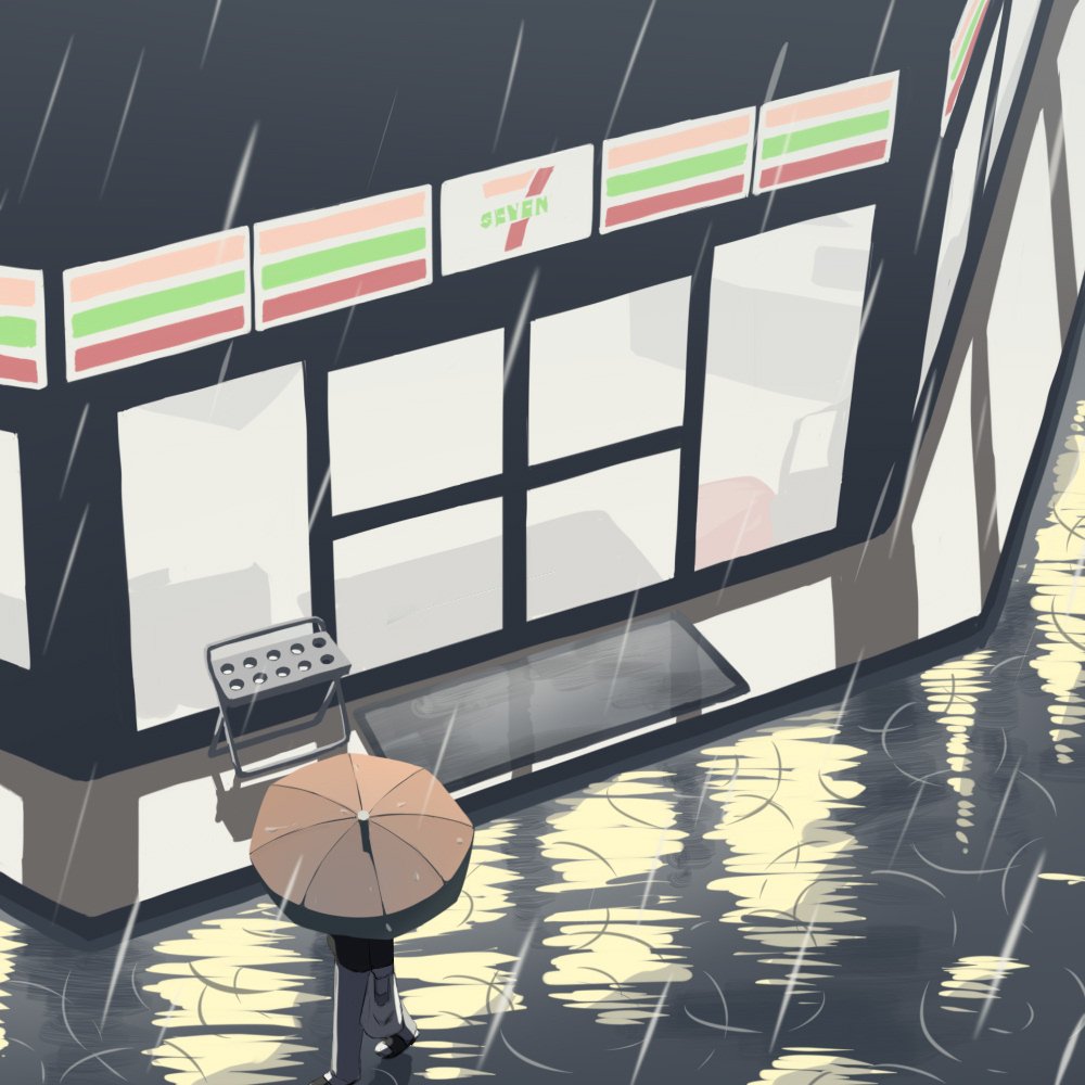 7-eleven avogado6 bag black_footwear brand_name_imitation convenience_store doormat from_above grey_pants holding holding_bag long_sleeves night orange_umbrella original outdoors pants rain ripples sandals shop theft umbrella umbrella_stand walking white_skin