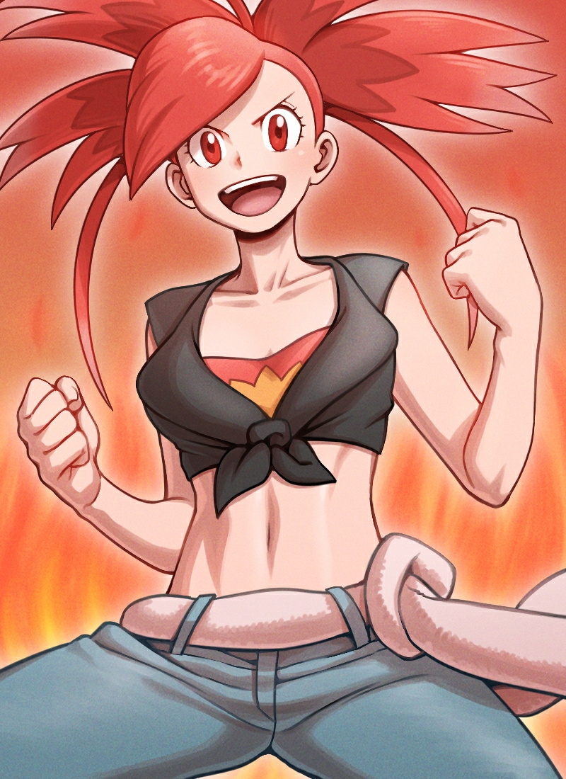 1girl :d bangs black_shirt blue_pants blush breasts clenched_hands collarbone commentary cowboy_shot flannery_(pokemon) gooberman_(kdk5011) gym_leader long_hair looking_at_viewer medium_breasts midriff navel open_mouth outline pants pokemon pokemon_(game) pokemon_oras ponytail red_background red_eyes redhead shirt sleeveless sleeveless_shirt smile solo standing strapless swept_bangs tied_shirt towel tubetop upper_teeth w_arms