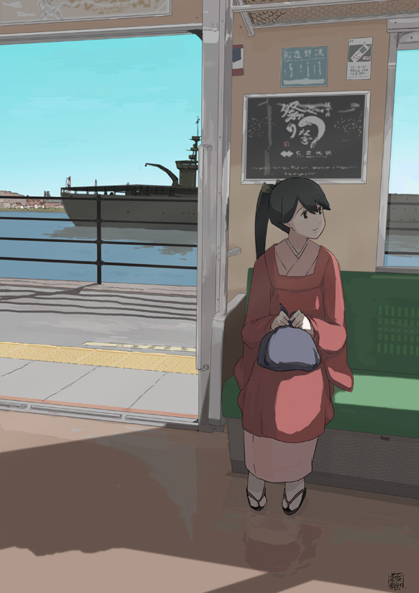 1girl alternate_costume bag black_hair commentary full_body houshou_(kantai_collection) japanese_clothes kantai_collection kimono long_hair looking_to_the_side mihama_machi pink_kimono ponytail sandals satchel ship sign sitting solo train_interior watercraft