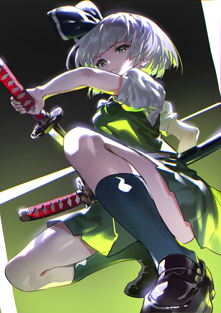 1girl black_bow black_footwear black_hairband black_ribbon bloom bob_cut bow bowtie breasts closed_mouth commentary_request gradient gradient_background green_background green_eyes green_legwear green_skirt green_vest hair_ribbon hairband highres hitodama_print holding holding_sword holding_weapon katana konpaku_youmu looking_at_viewer puffy_short_sleeves puffy_sleeves ribbon short_hair short_sleeves silver_hair skirt small_breasts socks solo squatting sword touhou uu_uu_zan v-shaped_eyebrows vest weapon