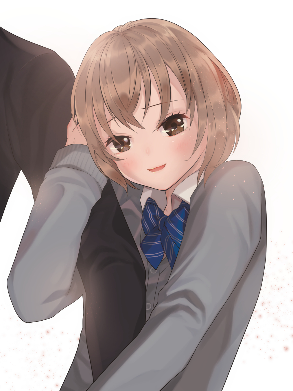 1boy 1girl arm_hug blush brown_eyes cardigan check_commentary commentary commentary_request highres holding_arm light_brown_hair looking_at_viewer open_mouth original out_of_frame ribbon ritasato short_hair simple_background smile white_background