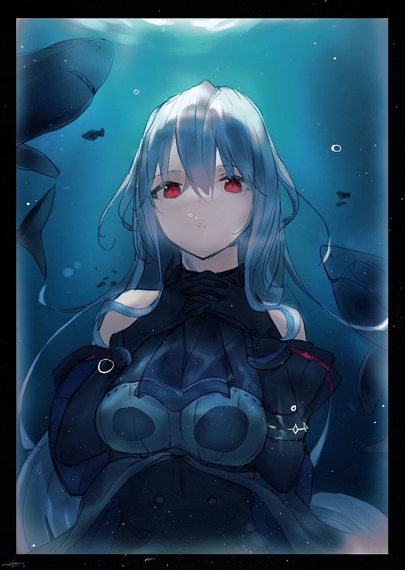 1girl arknights armband bangs black_gloves black_jacket breasts bubble commentary_request eyebrows floating_hair gloves grey_shirt hoya jacket korean_commentary long_hair long_jacket looking_at_viewer medium_breasts no_hat no_headwear orca red_eyes shirt short_sleeves sidelocks silver_hair skadi_(arknights) solo underwater upper_body