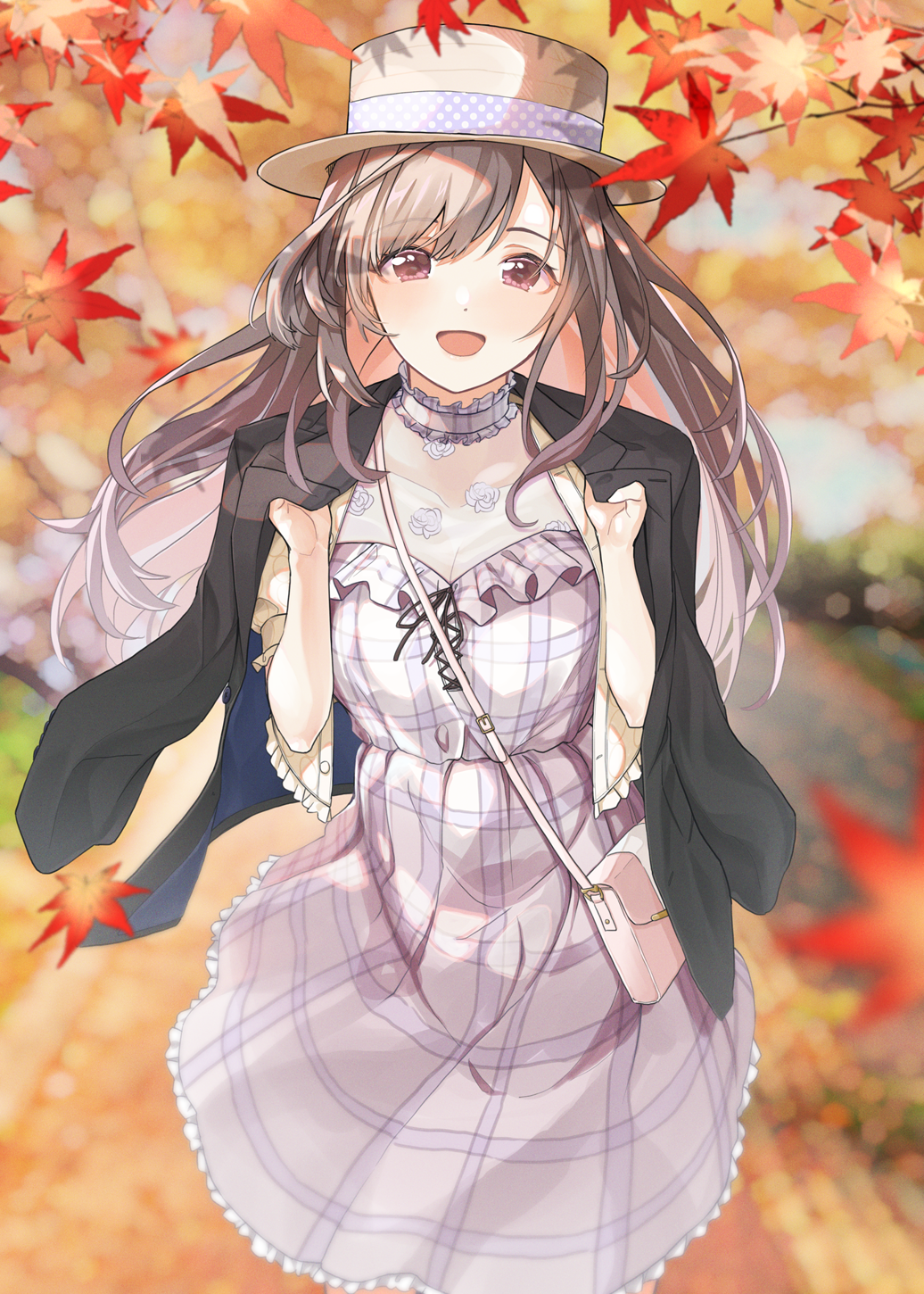 1girl :d autumn autumn_leaves bag blurry blurry_background brown_hair commentary_request dress falling_leaves frilled_dress frills handbag hat highres idolmaster idolmaster_shiny_colors jacket jacket_on_shoulders lavender_dress leaf long_sleeves looking_at_viewer maple_leaf open_mouth outdoors pekoni_(peconi) pink_eyes plaid plaid_dress puffy_short_sleeves puffy_sleeves short_sleeves smile solo tsukioka_kogane